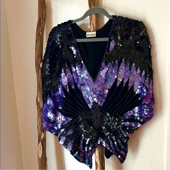 Vintage Tops - RARE Vintage Shomax Black and Purple Sequin Beaded Butterfly Disco Top Large